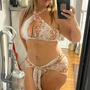 3 piece snakeskin cross neck bikini swimsuit & beach skirt